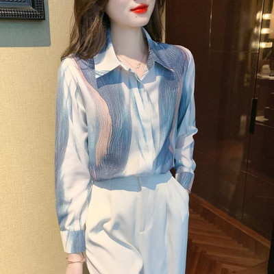 Cămașă lejeră cu mâneci lungi la modă, primăvară, toamnă, îmbrăcăminte pentru femei, 2023, noi, guler răsturnat, bluze cardigan din șifon cu gradient de cerneală