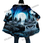 Χειμερινός ανδρικός μανδύας με μοτίβο λύκου και φεγγαριού 3D παντού εμπριμέ μανδύα με κουκούλα από φλις χοντρή κουκούλα Unisex Casual ζεστό παλτό κάπας DP53
