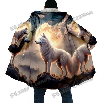 Χειμερινός ανδρικός μανδύας με μοτίβο λύκου και φεγγαριού 3D παντού εμπριμέ μανδύα με κουκούλα από φλις χοντρή κουκούλα Unisex Casual ζεστό παλτό κάπας DP53