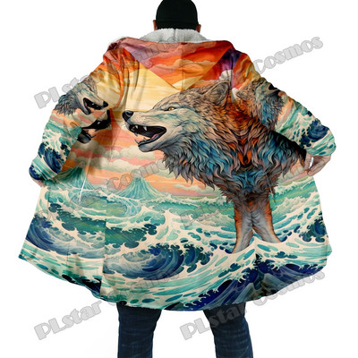 Χειμερινός ανδρικός μανδύας με μοτίβο λύκου και φεγγαριού 3D παντού εμπριμέ μανδύα με κουκούλα από φλις χοντρή κουκούλα Unisex Casual ζεστό παλτό κάπας DP53
