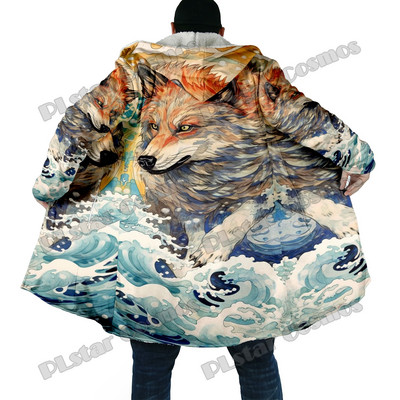 Χειμερινός ανδρικός μανδύας με μοτίβο λύκου και φεγγαριού 3D παντού εμπριμέ μανδύα με κουκούλα από φλις χοντρή κουκούλα Unisex Casual ζεστό παλτό κάπας DP53