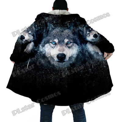 Χειμερινός ανδρικός μανδύας με μοτίβο λύκου και φεγγαριού 3D παντού εμπριμέ μανδύα με κουκούλα από φλις χοντρή κουκούλα Unisex Casual ζεστό παλτό κάπας DP53
