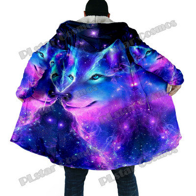 Χειμερινός ανδρικός μανδύας με μοτίβο λύκου και φεγγαριού 3D παντού εμπριμέ μανδύα με κουκούλα από φλις χοντρή κουκούλα Unisex Casual ζεστό παλτό κάπας DP53
