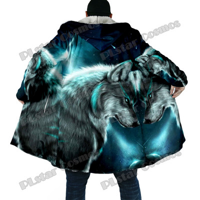 Χειμερινός ανδρικός μανδύας με μοτίβο λύκου και φεγγαριού 3D παντού εμπριμέ μανδύα με κουκούλα από φλις χοντρή κουκούλα Unisex Casual ζεστό παλτό κάπας DP53