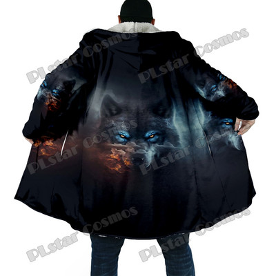 Χειμερινός ανδρικός μανδύας με μοτίβο λύκου και φεγγαριού 3D παντού εμπριμέ μανδύα με κουκούλα από φλις χοντρή κουκούλα Unisex Casual ζεστό παλτό κάπας DP53