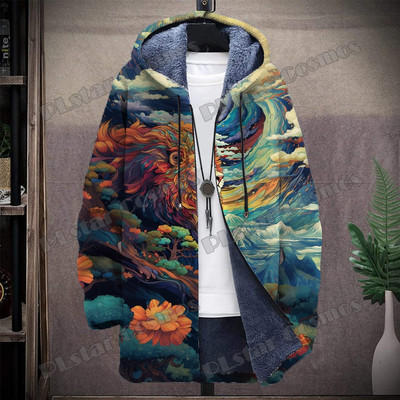 Animal Lion And Tiger Retro Graffiti μοτίβο 3D τυπωμένο ανδρικό παλτό με κουκούλα Χειμερινό casual παχύ Ζεστό μπουφάν με κουκούλα HR04