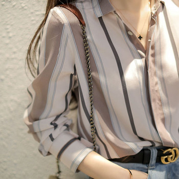 Γυναικεία ρούχα Casual ριγέ μπλούζα με μονό στήθος Ανοιξιάτικη μακρυμάνικη μόδα φθινόπωρο Πουκάμισο σιφόν με γυριστό γιακά