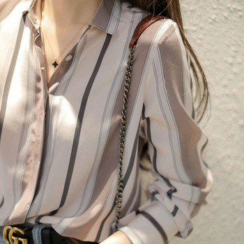 Дамско облекло Ежедневна раирана едноредна блуза Пролет Есен Модна шифонена риза с дълги ръкави
