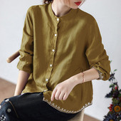 Dámske vintage výšivky, stojatý golier, gombíkové košele 2022, jar, jeseň, ležérne, jednofarebné, s dlhým rukávom, voľné, jednoduché dámske blúzky, topy