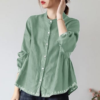 Дамски ретро ризи с яка и копчета с бродерия 2022 Пролет Есен Ежедневни едноцветни дълъг ръкав Свободни семпли дамски блузи Топове
