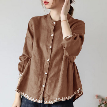 Γυναικεία vintage κέντημα πουκάμισα με γιακά κουμπιά 2022 Άνοιξη φθινόπωρο casual μονόχρωμο μακρυμάνικο φαρδύ απλές γυναικείες μπλούζες μπλούζες