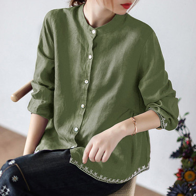 Dámske vintage výšivky, stojatý golier, gombíkové košele 2022, jar, jeseň, ležérne, jednofarebné, s dlhým rukávom, voľné, jednoduché dámske blúzky, topy