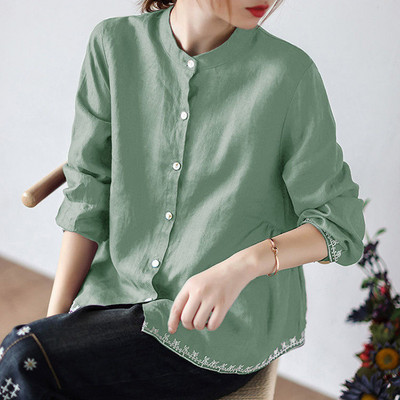 Dámske vintage výšivky, stojatý golier, gombíkové košele 2022, jar, jeseň, ležérne, jednofarebné, s dlhým rukávom, voľné, jednoduché dámske blúzky, topy