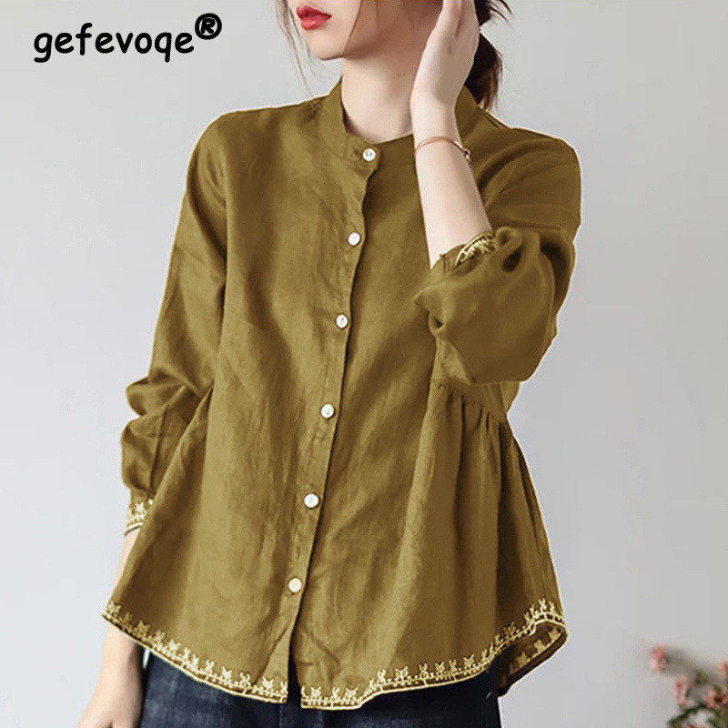 Dámske vintage výšivky, stojatý golier, gombíkové košele 2022, jar, jeseň, ležérne, jednofarebné, s dlhým rukávom, voľné, jednoduché dámske blúzky, topy