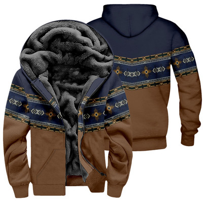 Jachetă etnică Toamnă Iarnă Lână Polar Cald Aztec Geometric Hanorace Fermoar Bărbați Gros Hanorace Streetwear Bărbați Palton