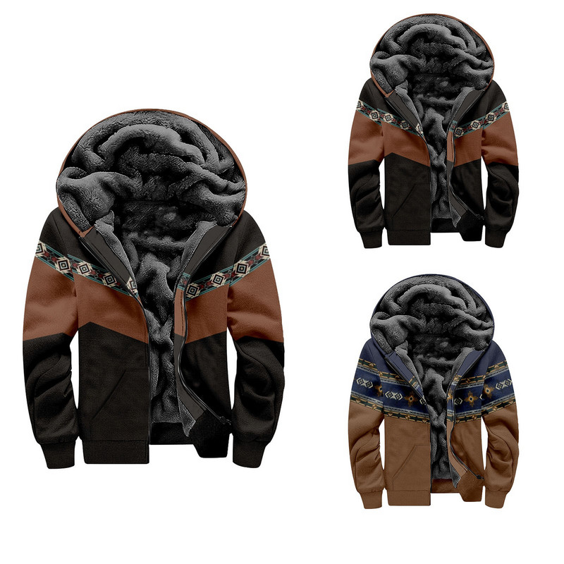 Jachetă etnică Toamnă Iarnă Lână Polar Cald Aztec Geometric Hanorace Fermoar Bărbați Gros Hanorace Streetwear Bărbați Palton