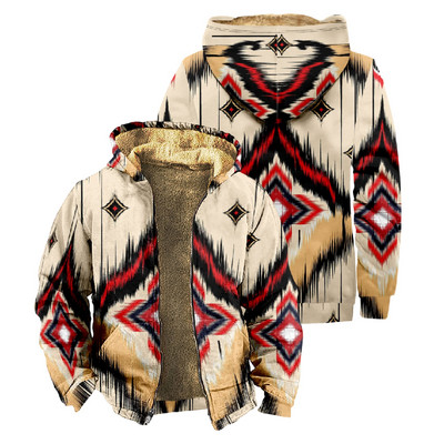 Ανδρικό μπουφάν Aztec Geometric Print Thicken Χειμερινά Μπουφάν για Ανδρικό Μακρυμάνικο Παλτό Fleece Ανδρικό παλτό με κουκούλα casual Western Ethnic