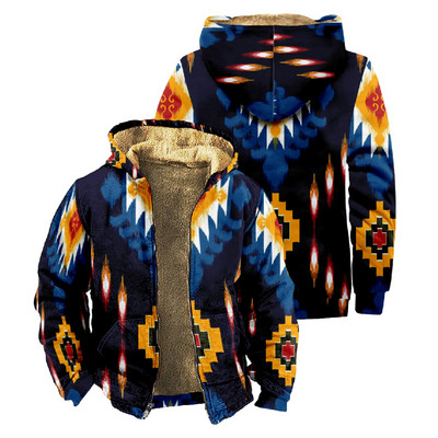 Ανδρικό μπουφάν Aztec Geometric Print Thicken Χειμερινά Μπουφάν για Ανδρικό Μακρυμάνικο Παλτό Fleece Ανδρικό παλτό με κουκούλα casual Western Ethnic
