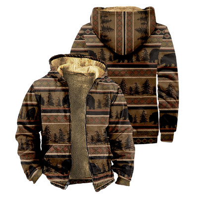 Ανδρικό μπουφάν Aztec Geometric Print Thicken Χειμερινά Μπουφάν για Ανδρικό Μακρυμάνικο Παλτό Fleece Ανδρικό παλτό με κουκούλα casual Western Ethnic
