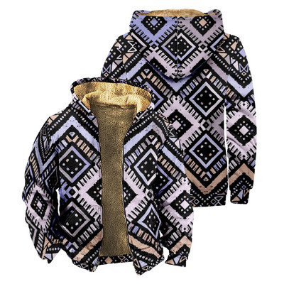 Ανδρικό μπουφάν Aztec Geometric Print Thicken Χειμερινά Μπουφάν για Ανδρικό Μακρυμάνικο Παλτό Fleece Ανδρικό παλτό με κουκούλα casual Western Ethnic