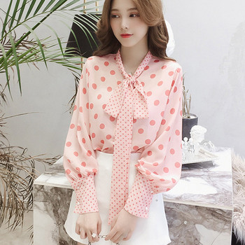 Есенни нови есенни ризи Дамски шифонени блузи с ръкав-фенер Mujer Ежедневни топове с панделка на точки Сладка папийонка Модни розови блузи