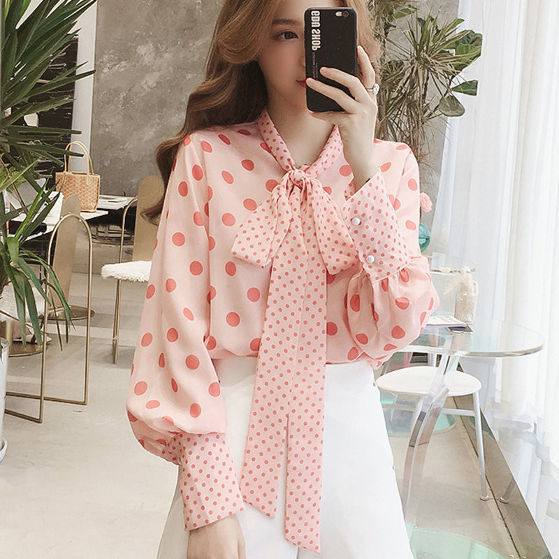 Cămăși noi de toamnă pentru femei, cu mânecă lanternă, bluze din șifon, pentru femei, cu fundă casual, topuri cu buline, papion dulce, bluze roz de modă