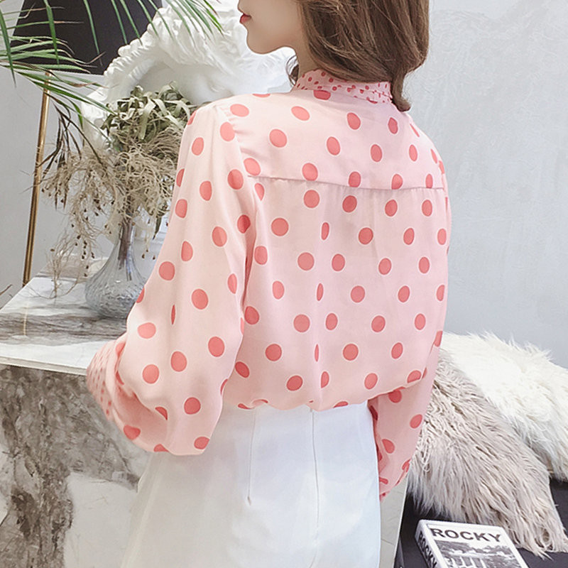 Cămăși noi de toamnă pentru femei, cu mânecă lanternă, bluze din șifon, pentru femei, cu fundă casual, topuri cu buline, papion dulce, bluze roz de modă