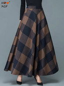 Φθινοπωρινές χειμερινές τουίντ καρό Πλεκτές φούστες για γυναίκες Vintage ελαστική σε γραμμή Α ψηλόμεση μακριά φούστα Κομψή φούστα ομπρέλα