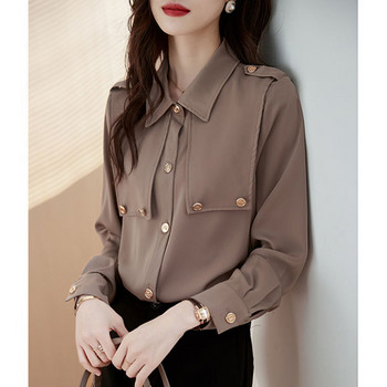 Μονόχρωμο πουκάμισο με μονόχρωμο πέτο, γυναικεία ρούχα, φθινόπωρο 2023 Νέα casual μπλουζάκια Φαρδιά μπλούζα γραφείου