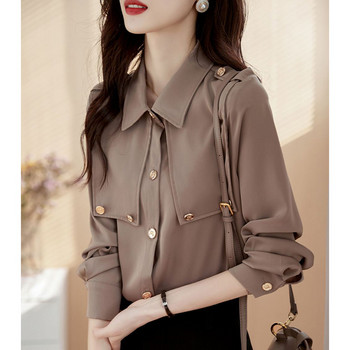 Μονόχρωμο πουκάμισο με μονόχρωμο πέτο, γυναικεία ρούχα, φθινόπωρο 2023 Νέα casual μπλουζάκια Φαρδιά μπλούζα γραφείου