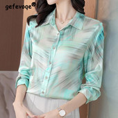 Polo-Neck Imitation Silk Satin Smooth Feel πουκάμισα Άνοιξη φθινόπωρο Γυναικεία ρούχα Γραφείο Lady Printing Patchwork Μπλούζες με κουμπιά