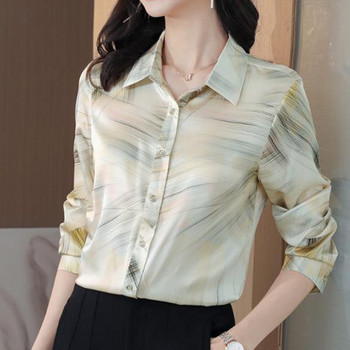 Polo-Neck Imitation Silk Satin Smooth Feel πουκάμισα Άνοιξη φθινόπωρο Γυναικεία ρούχα Γραφείο Lady Printing Patchwork Μπλούζες με κουμπιά