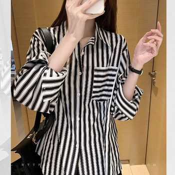 Γυναικείο μακρυμάνικο πουκάμισο με ριγέ στάμπα 2022 Κορεάτικη μόδα με γυριστό γιακά μπλούζα με χαλαρά κουμπιά Γυναικεία ρούχα άνοιξη