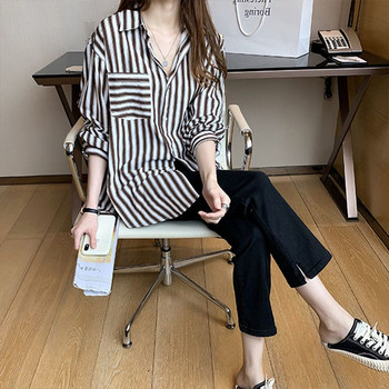 Ежедневна риза с принт на райета, дамска риза с дълъг ръкав, 2022 г., корейска модна блуза с отложна яка, свободни копчета, дамско облекло, пролет