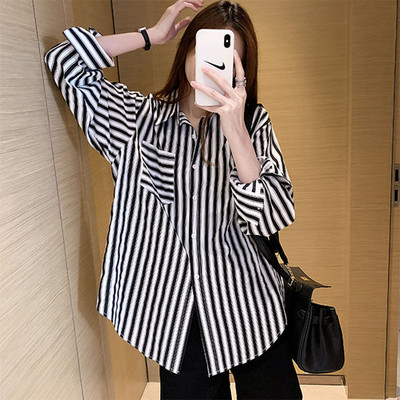 Cămașă casual cu imprimeu în dungi pentru femei cu mânecă lungă 2022 de modă coreeană cu guler răsturnat Bluză cu nasturi largi Îmbrăcăminte pentru femei de primăvară