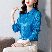 Γυναικεία ρούχα 2023 Φθινόπωρο πουκάμισο από σιφόν πουά με τυπωμένα κουμπιά, Νέα casual μπλουζάκια Γυναικεία μπλούζα γραφείου παντός αγώνα
