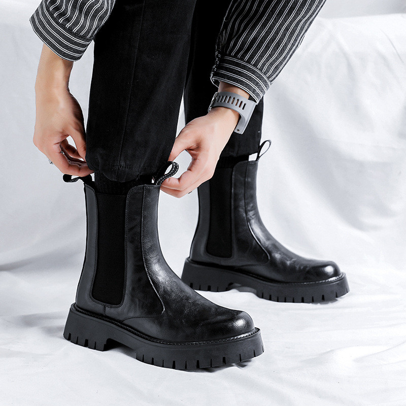 prabangūs madingi aukštaauliai vyrams juodi rudi  odos batai kaubojiška platforma chelsea boot party naktinis klubas ilgas botas vyriškas