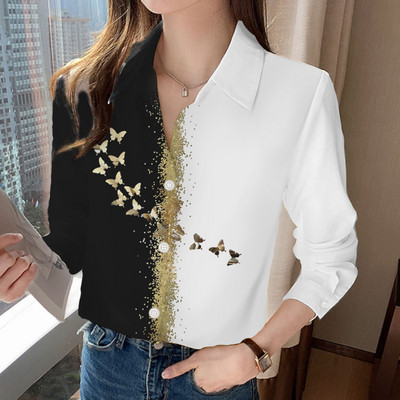 Elemente de bază, simplu, confortabil, subțire, cu guler răsucit, imprimeu, primăvară, vară, îmbrăcăminte pentru femei, 2023, bluze cu mânecă lungă, cu nasturi