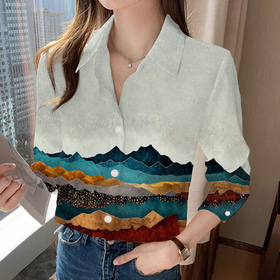 Elemente de bază, simplu, confortabil, subțire, cu guler răsucit, imprimeu, primăvară, vară, îmbrăcăminte pentru femei, 2023, bluze cu mânecă lungă, cu nasturi