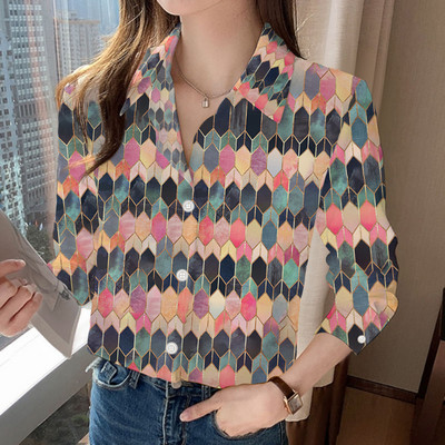 Elemente de bază, simplu, confortabil, subțire, cu guler răsucit, imprimeu, primăvară, vară, îmbrăcăminte pentru femei, 2023, bluze cu mânecă lungă, cu nasturi
