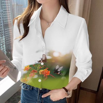 Elemente de bază, simplu, confortabil, subțire, cu guler răsucit, imprimeu, primăvară, vară, îmbrăcăminte pentru femei, 2023, bluze cu mânecă lungă, cu nasturi