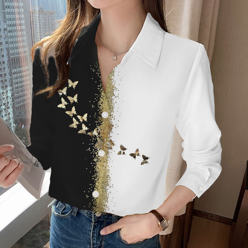 Elemente de bază, simplu, confortabil, subțire, cu guler răsucit, imprimeu, primăvară, vară, îmbrăcăminte pentru femei, 2023, bluze cu mânecă lungă, cu nasturi