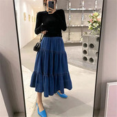 Plus Size 5xl cusături lungi, tort, fustă plisată, femei, toamnă, albastru, din blugi, modă coreeană, simplă, epocă, lungă
