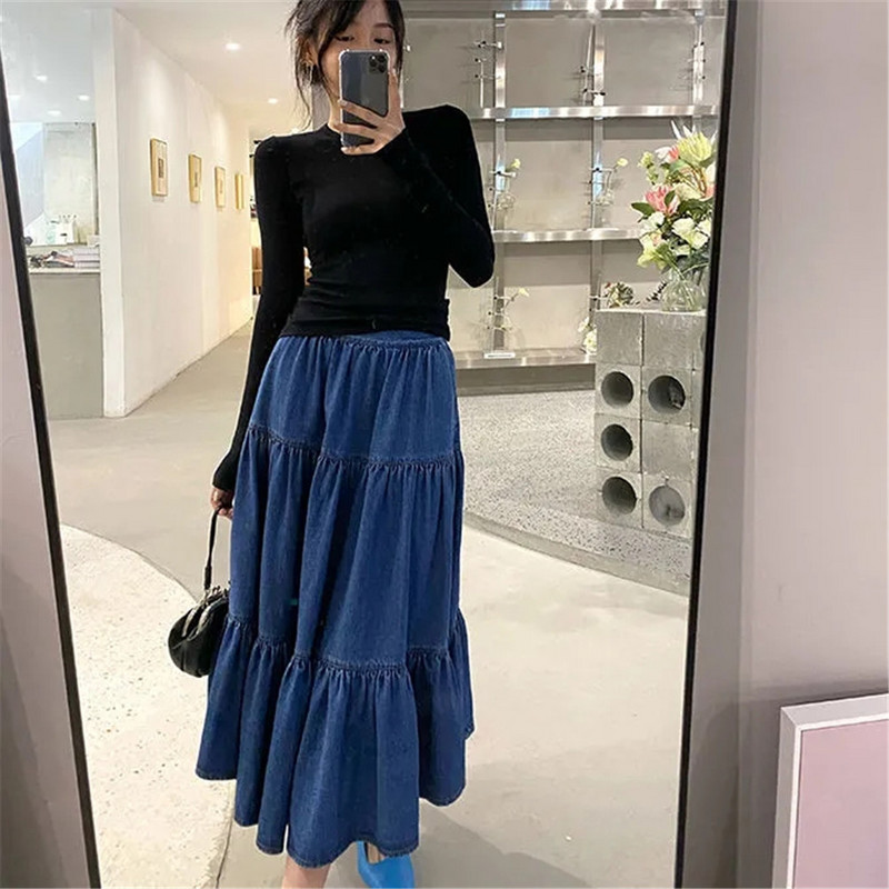 Plus Size 5xl cusături lungi, tort, fustă plisată, femei, toamnă, albastru, din blugi, modă coreeană, simplă, epocă, lungă