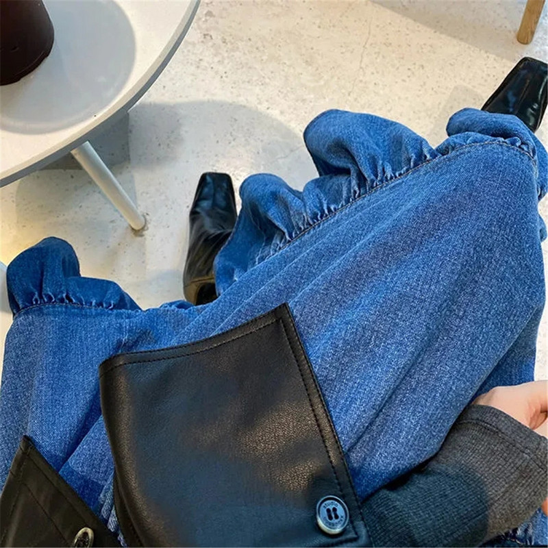 Plus Size 5xl cusături lungi, tort, fustă plisată, femei, toamnă, albastru, din blugi, modă coreeană, simplă, epocă, lungă