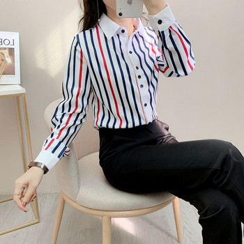 Модни нови 2023 г. Раирани ризи с дълги ръкави Пролет Лято Ежедневни тънки едноредни блузи с копчета Дрехи с отложна яка