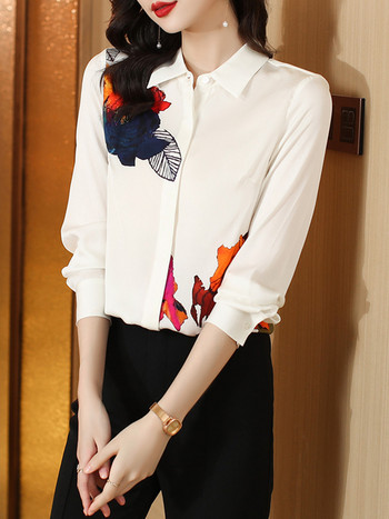 Копринена дамска риза с щампи Блуза с дълъг ръкав Риза с копчета Евтини и красиви блузи Сатенени дамски топове OL Елегантни дамски блузи