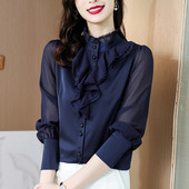 #2612 Spring2023 Bluză din șifon pentru birou, albastră, pentru femei, cu volane, cu guler vertical, cămașă vintage pentru femei, cu mânecă lungă, pentru birou, pentru femei, cămăși subțiri