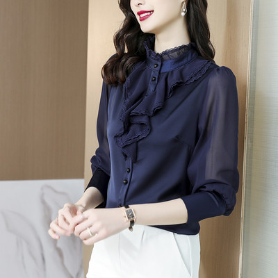 #2612 Spring2023 Bluză din șifon pentru birou, albastră, pentru femei, cu volane, cu guler vertical, cămașă vintage pentru femei, cu mânecă lungă, pentru birou, pentru femei, cămăși subțiri