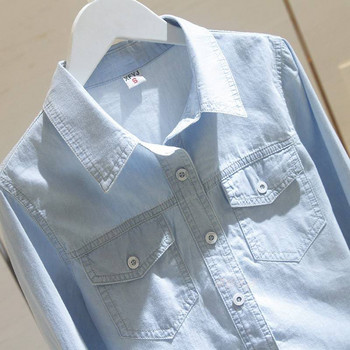 Пролет Есен Корейска мода Дамски ризи с дълги ръкави и отложна яка, памучни дънкови ежедневни ризи с двоен джоб S304